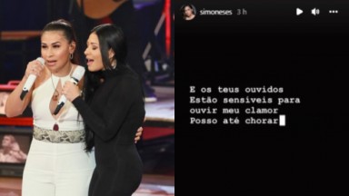 Montagem de Simone e Simaria cantando no palco do Altas Horas e Story com letra de música gospel 