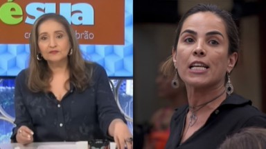 Montagem de fotos de Sonia Abrão falando para a câmera e Wanessa Camargo gritando 