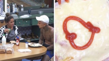 Dynho Alves ao lado de Sthe Matos tomando café da manhã e um coração de ketchup desenhado no pão 