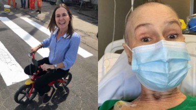 Susana Naspolini andando de bicicleta sorrindo para a câmera; Susana Naspolini com máscara em leito hospitalar 