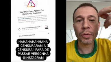 Foto um: print de mensagem de "censurado' do Instagram; foto dois: Tiago Leifert desabafa em seu escritório 