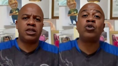 Montagem de duas fotos de Toninho Tornado de camisa preta e azul, falando para câmera 