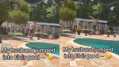 Turista pulando na piscina de Elvis Presley 