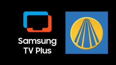 Montagem com a logo da TV Aparecida e Samsung TV Plus 