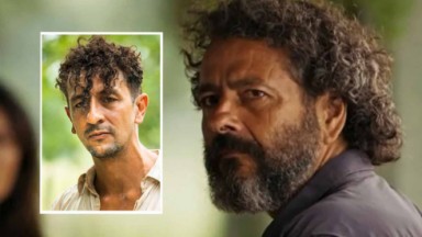 Marcos Palmeira, como José Leôncio, barbudo e usando camisa preta em cena de Pantanal 