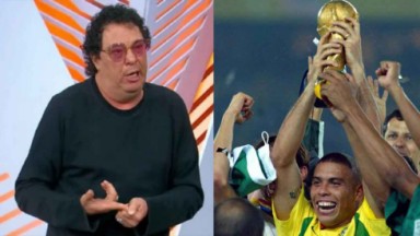 Walter Casagrande irritado pegando no dedo; Ronaldo levantando a taça da Copa do Mundo 
