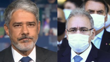 William Bonner sério no Jornal Nacional; Marcelo Queiroga de máscara sério, com Jair Bolsonaro atrás dele com máscara 