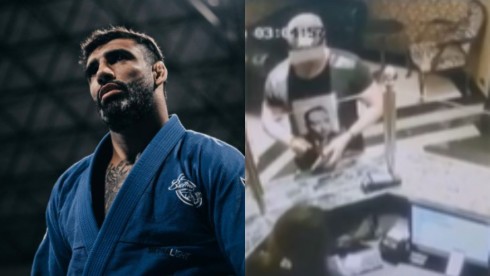 Montagem de fotos de Leandro Lo durante luta e Henrique Veloso em recepção
