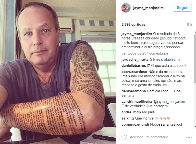 Jayme Monjardim surpreende e exibe braço todo tatuado na web