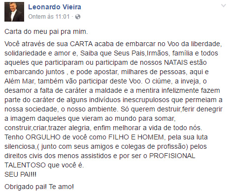 Leonardo Vieira recebe apoio do pai: \"orgulho de você como filho e homem\"