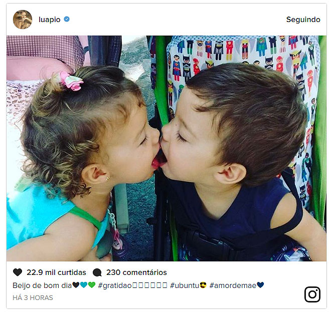 Luana Piovani posta foto dos filhos gêmeos se beijando na boca