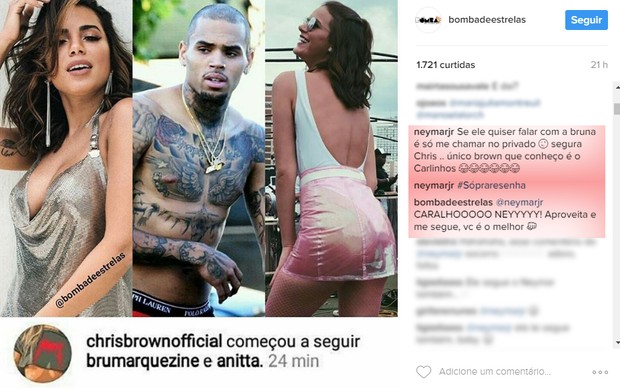 Neymar cutuca Chris Brown após cantor seguir Bruna Marquezine no Instagram