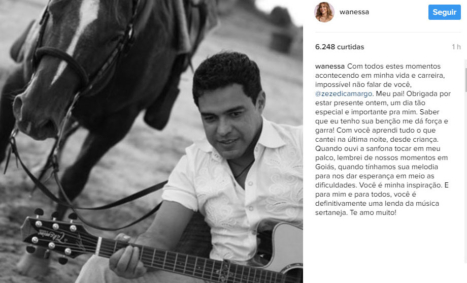 Wanessa Camargo presta homenagem a Zezé: \"Você é minha inspiração\"