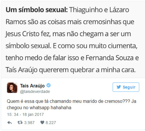 \"BBB17\": Taís Araújo repercute sister que chamou Lázaro Ramos de \"cremosinho\"