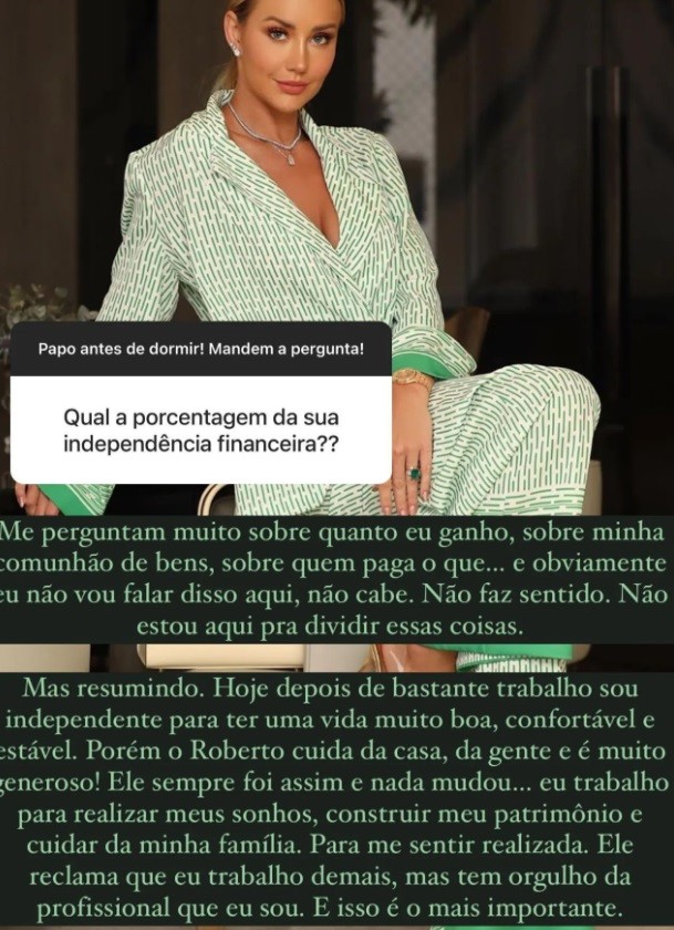 Ana Paula Siebert nega dependência financeira de Roberto Justus