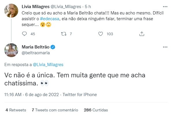 Maria Beltrão responde internauta após ser chamada de chata