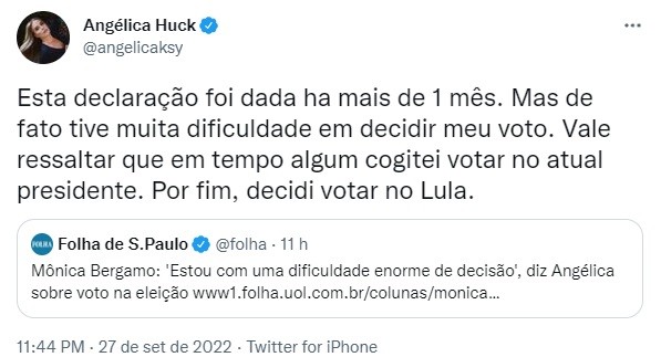 Angélica descarta Bolsonaro e declara voto