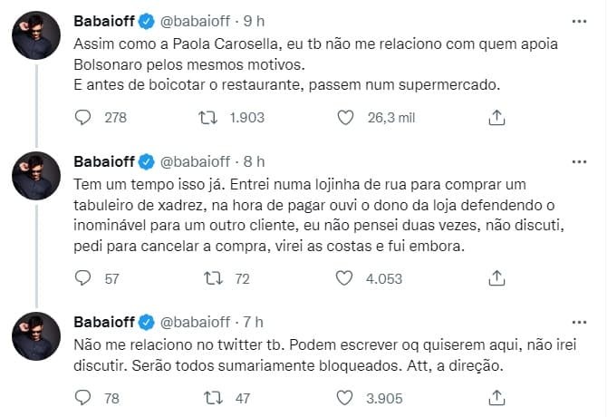 Armando Babaioff avisa: \"Não me relaciono com quem apoia Bolsonaro\"