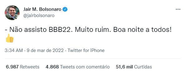 Jair Bolsonaro esculhamba BBB 22: \"Muito ruim\"