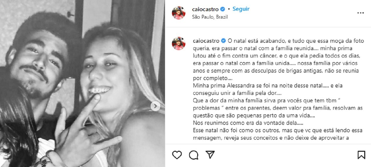 Caio Castro anuncia morte da prima no Natal: \"Uniu a família pela dor\"