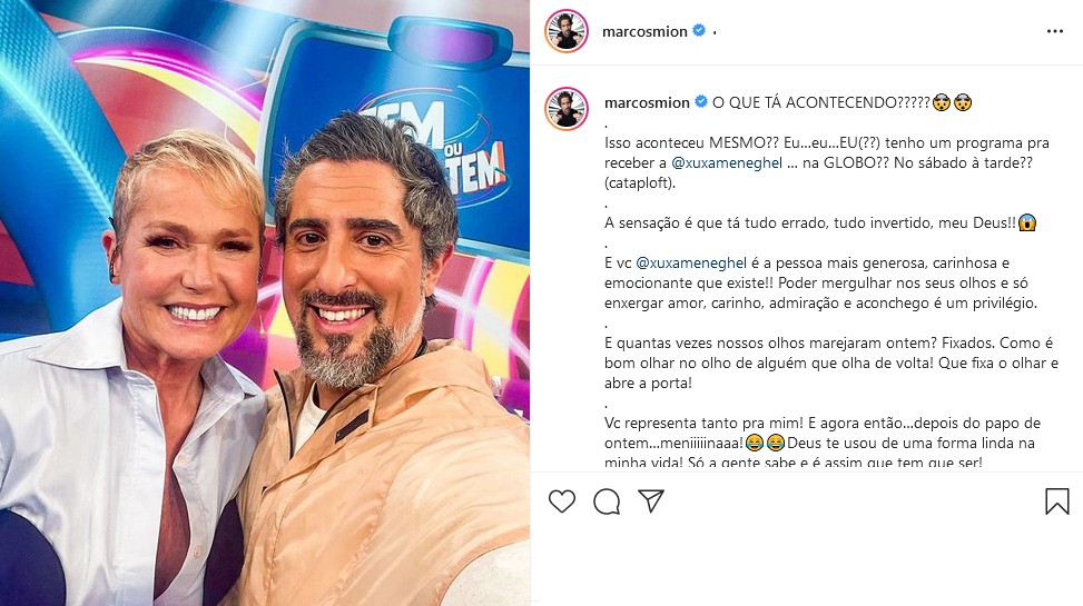 Marcos Mion recebe Xuxa no Caldeirão e não acredita: \"Tá tudo invertido\"