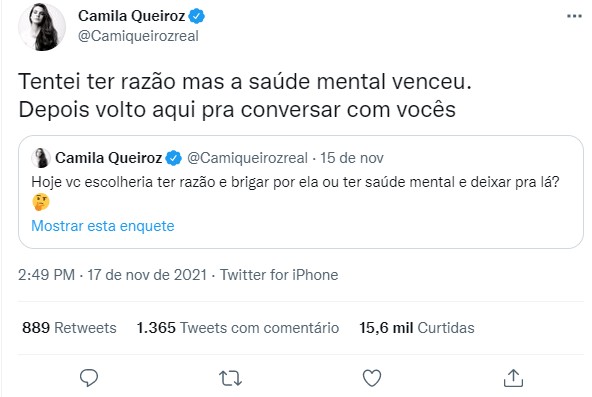 Camila Queiroz solta indireta após demissão da Globo: \"Saúde mental venceu\"