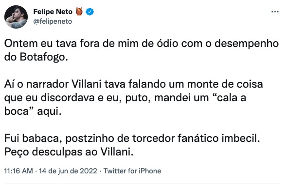 Felipe Neto desabafa após ter xingado narrador da Globo