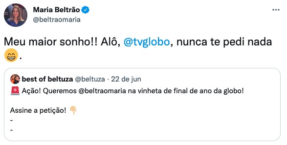 Maria Beltrão revela sonho inusitado na Globo: \"Nunca te pedi nada\"