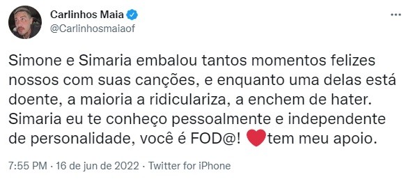 Carlinhos Maia defende Simaria e lamenta: \"A maioria ridiculariza\"