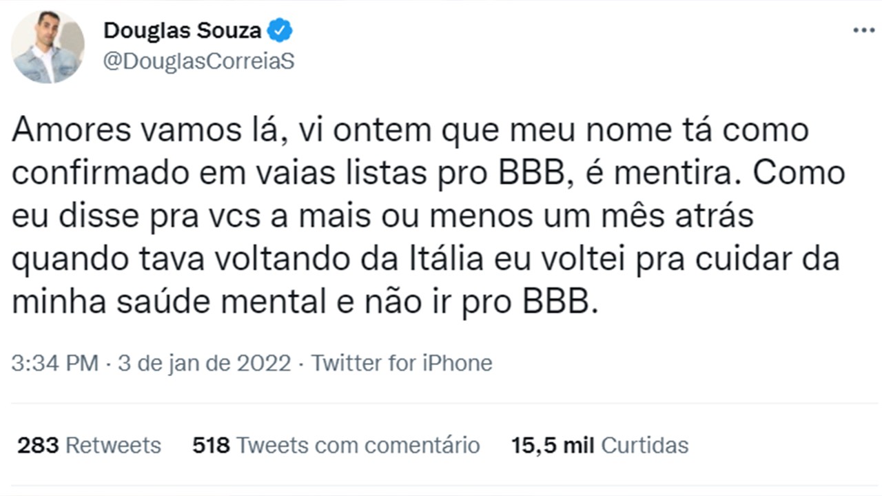 Jogador Douglas Souza se pronuncia sobre sua suposta participação no BBB22
