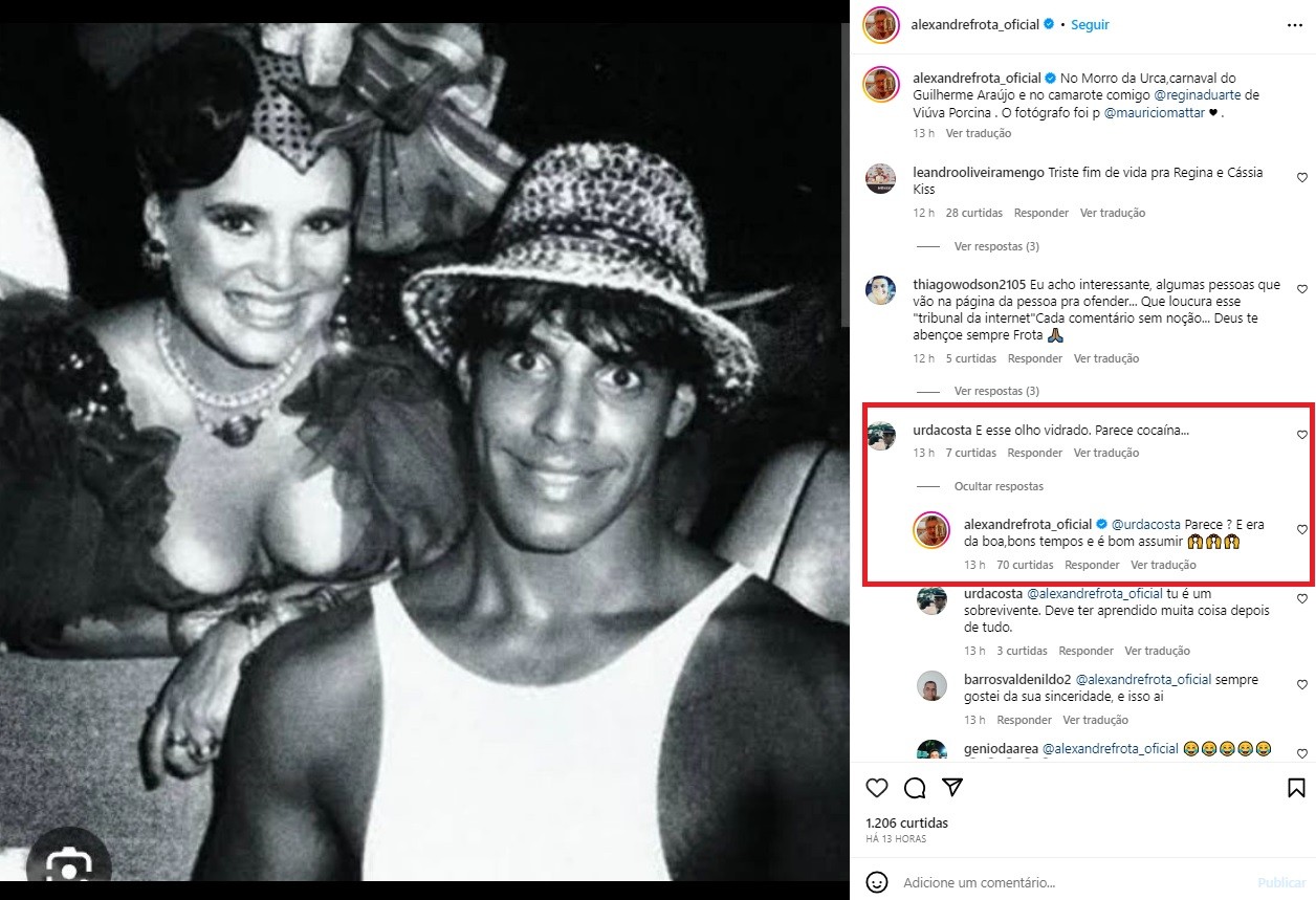 Alexandre Frota assume uso de cocaína em foto resgatada com Regina Duarte: \"Da boa\"