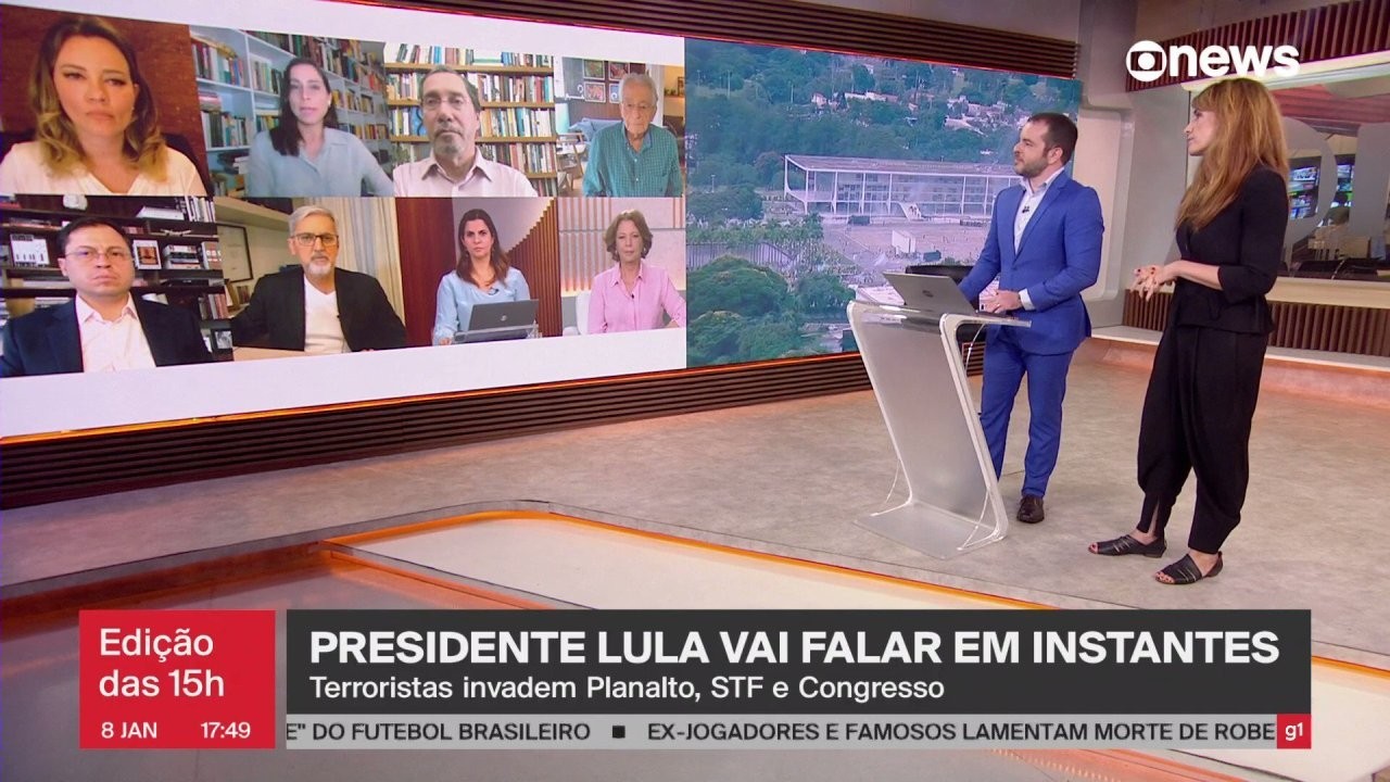 Tela da GloboNews sobre atos terroristas em Brasília