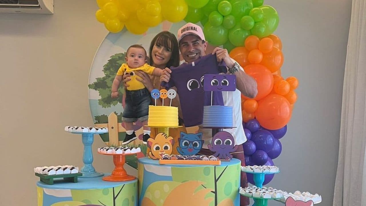 Jorge, Dayana e Saulo em festa de aniversário colorida