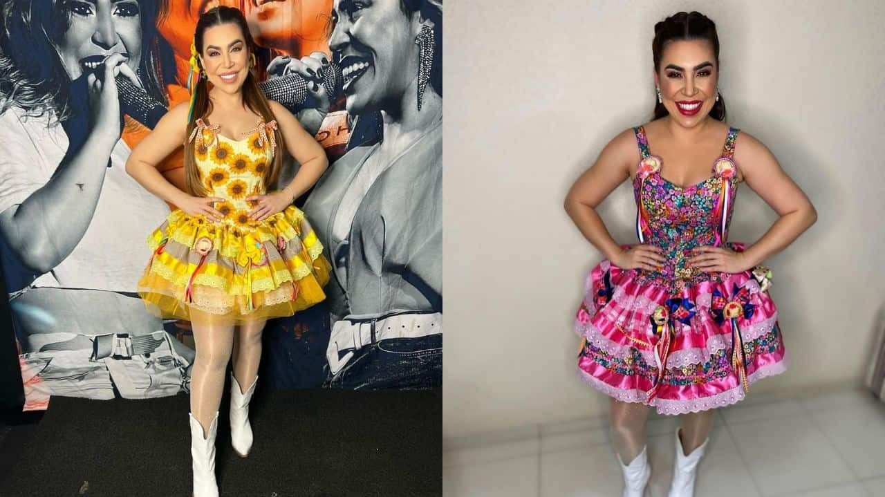 Montagem de duas fotos de Naiara Azevedo com vestido caipira