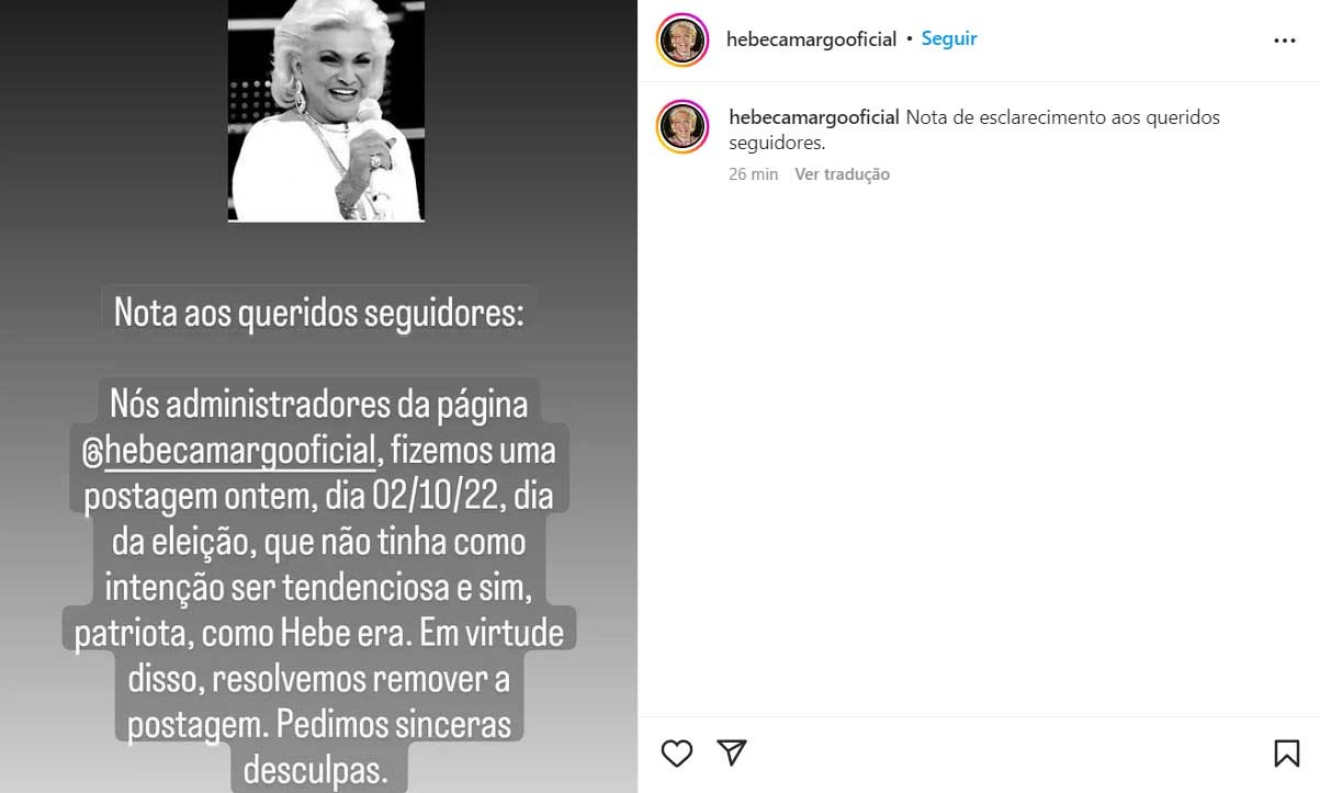Perfil de Hebe apaga insinuação de apoio a Bolsonaro e pede desculpas