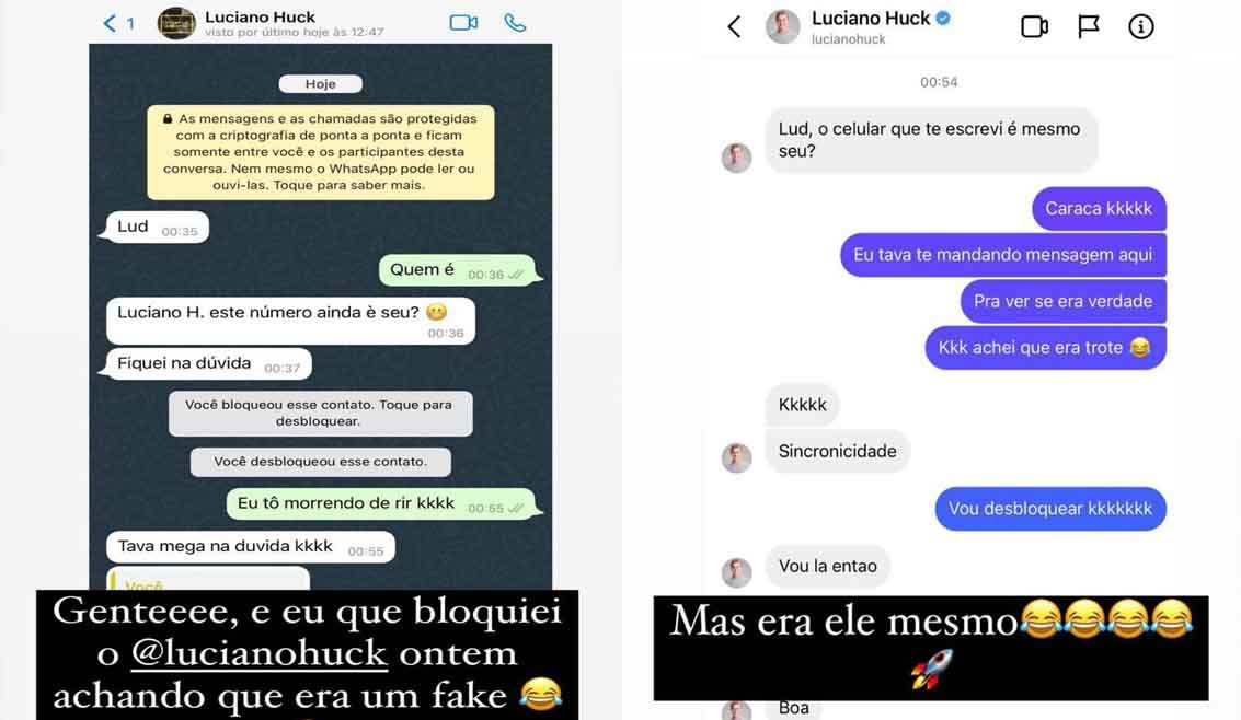 Ludmilla bloqueia Luciano Huck no WhatsApp e se justifica