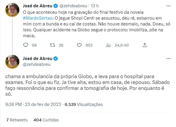 José de Abreu sofre acidente em gravação na Globo