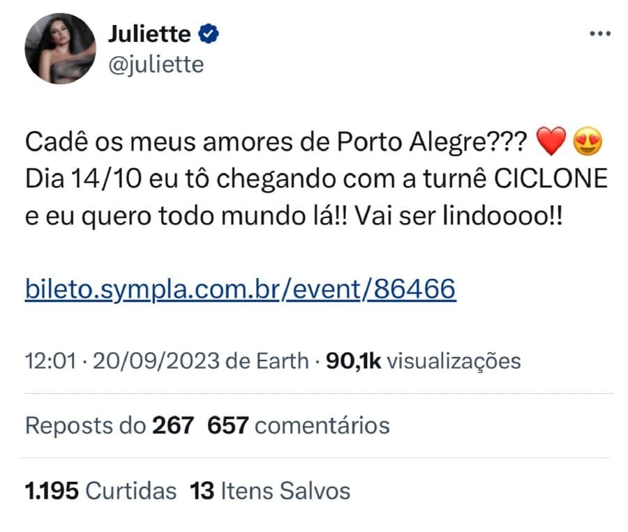 Juliette comete gafe e apaga post sobre \"turnê Ciclone\" no Rio Grande do Sul