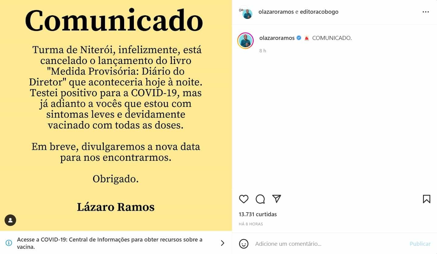 Lázaro Ramos cancela evento após testar positivo para a Covid-19
