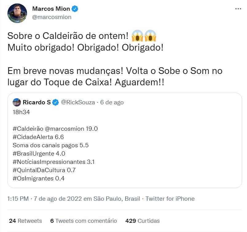 Marcos Mion comemora Ibope do Caldeirão e anuncia mudanças