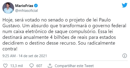 Mário Frias critica Lei Paulo Gustavo: \"Um absurdo\"