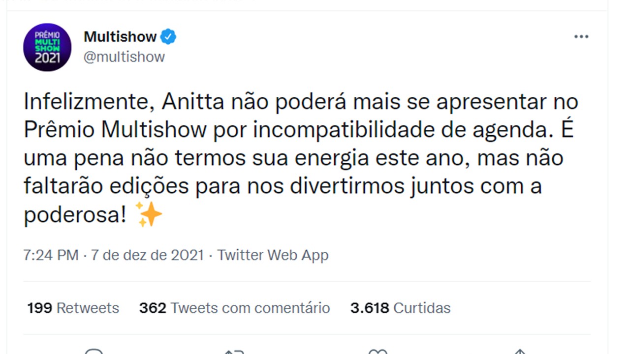 Anitta desfalca Prêmio Multishow e canal revela motivo