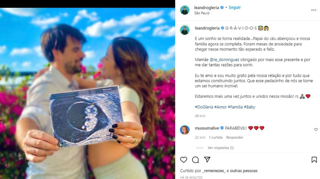 Post de Leandro Gléria anunciando gravidez e se declarando para Renata Dominguez no Instagram