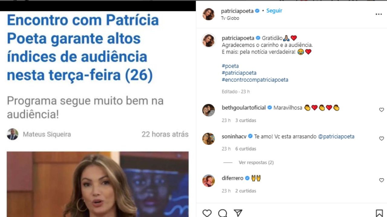 Post de Patrícia Poeta no Instagram comemorando audiência