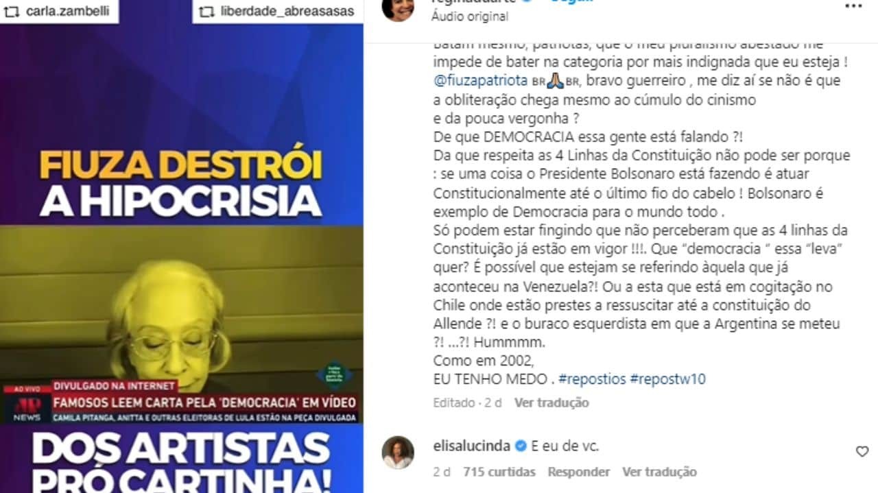 Atriz diz que tem vergonha de Regina Duarte após defesa a Bolsonaro