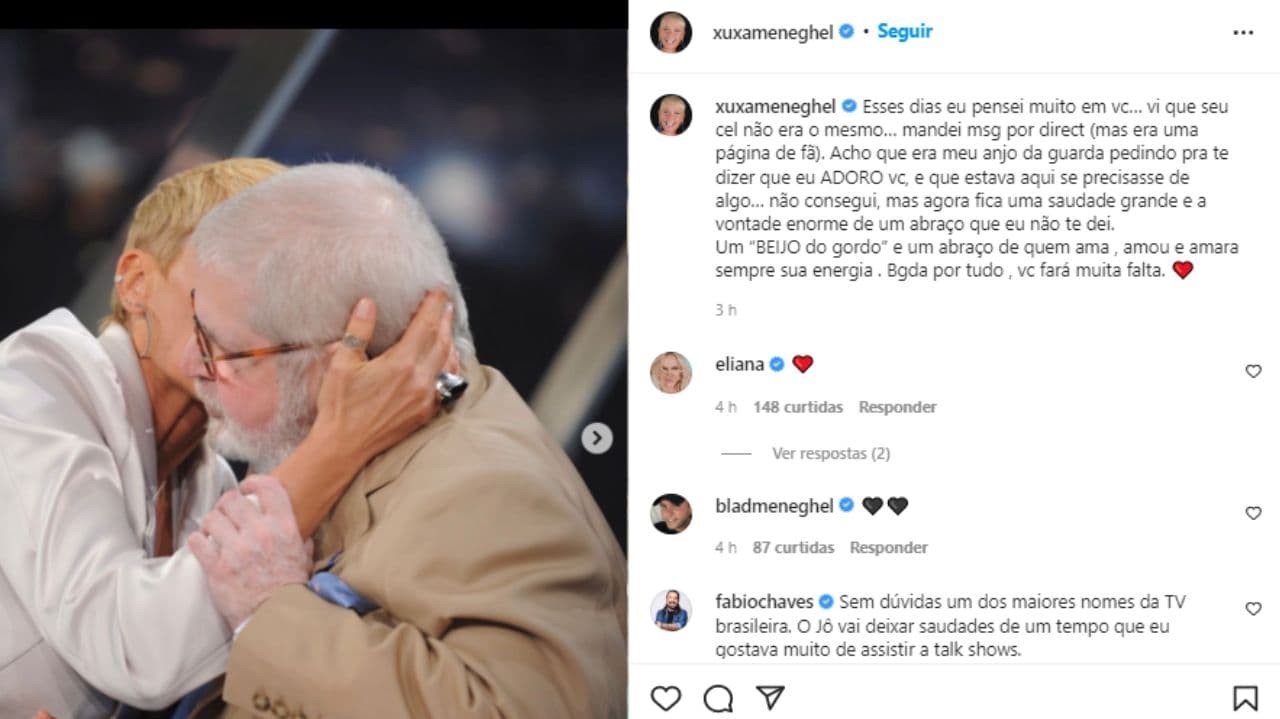 Post de Xuxa no Instagram, em homenagem a Jô Soares
