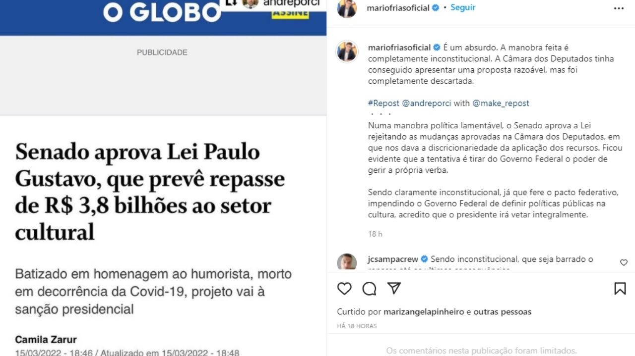Mario Frias quer que Bolsonaro vete Lei Paulo Gustavo, aprovada pelo Senado