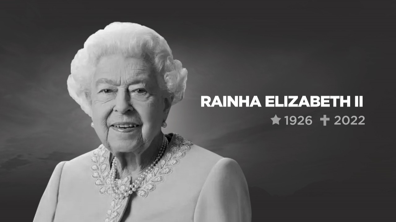 Arte em preto e branco com foto, data de nascimento e morte da Rainha Elizabeth
