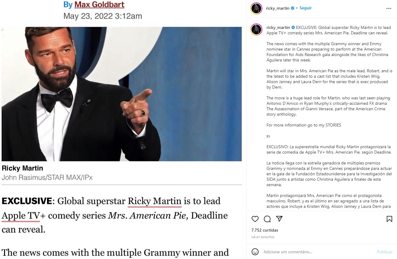 Ricky Martin vai estrelar série da Apple TV+