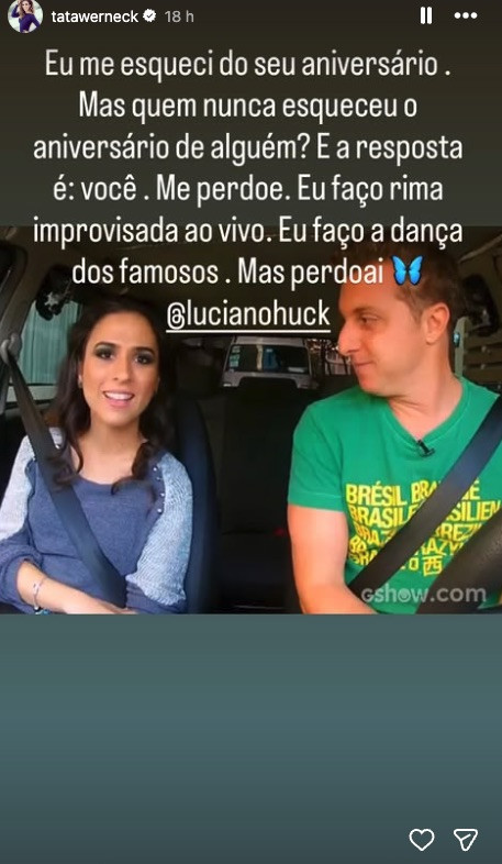 Tatá Werneck esquece aniversário de Luciano Huck e se desculpa: \"Quem nunca?\"